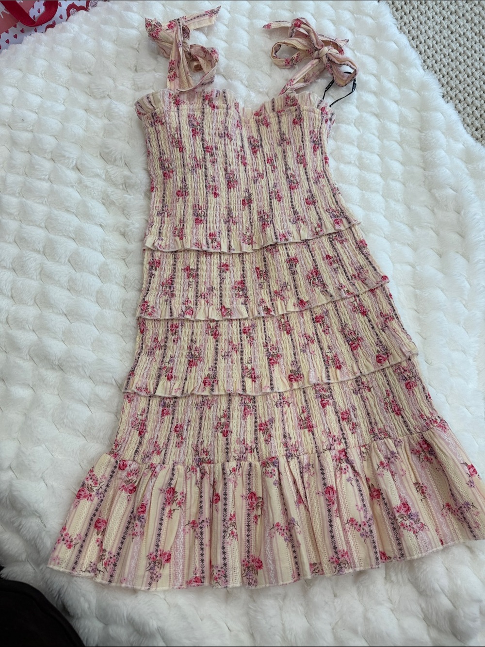 Katie J NYC Cream Dress with Pink Floral Print and Tie Shoulders